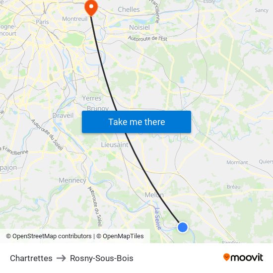 Chartrettes to Rosny-Sous-Bois map