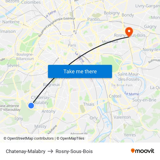 Chatenay-Malabry to Rosny-Sous-Bois map