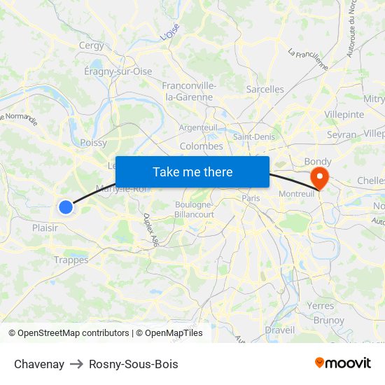 Chavenay to Rosny-Sous-Bois map