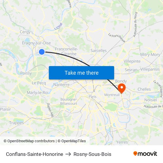 Conflans-Sainte-Honorine to Rosny-Sous-Bois map
