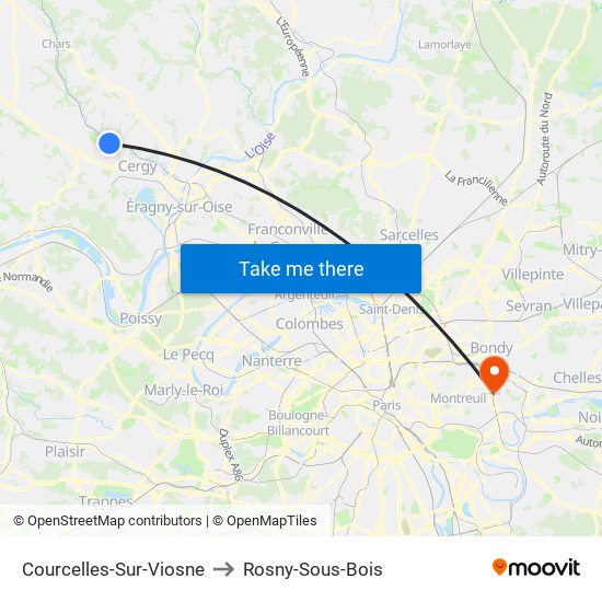 Courcelles-Sur-Viosne to Rosny-Sous-Bois map