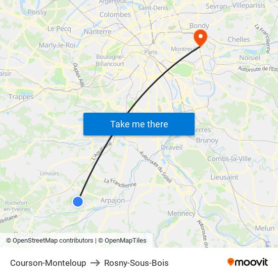 Courson-Monteloup to Rosny-Sous-Bois map
