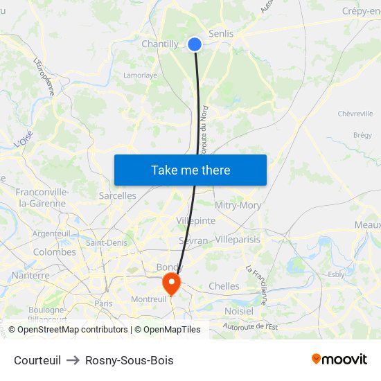 Courteuil to Rosny-Sous-Bois map