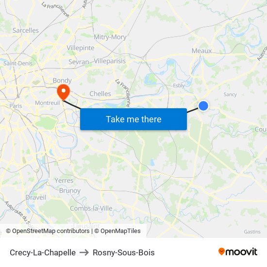 Crecy-La-Chapelle to Rosny-Sous-Bois map
