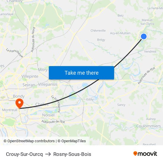 Crouy-Sur-Ourcq to Rosny-Sous-Bois map