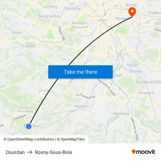 Dourdan to Rosny-Sous-Bois map