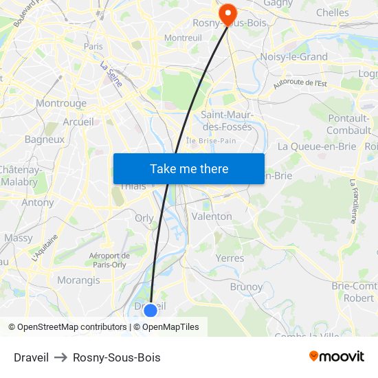 Draveil to Rosny-Sous-Bois map