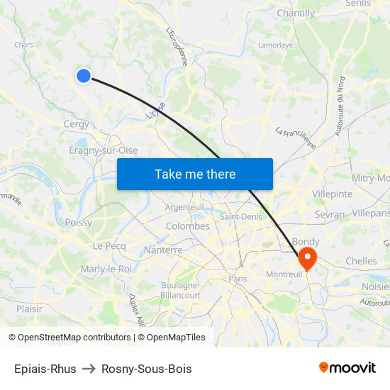 Epiais-Rhus to Rosny-Sous-Bois map
