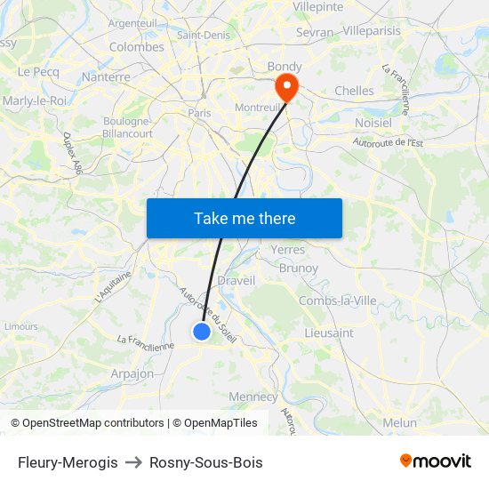 Fleury-Merogis to Rosny-Sous-Bois map