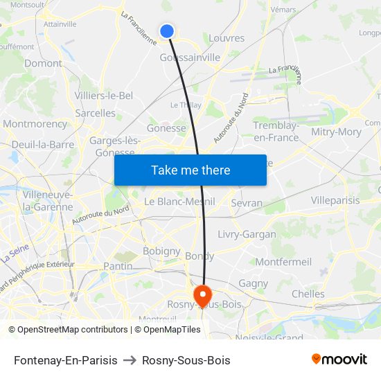 Fontenay-En-Parisis to Rosny-Sous-Bois map