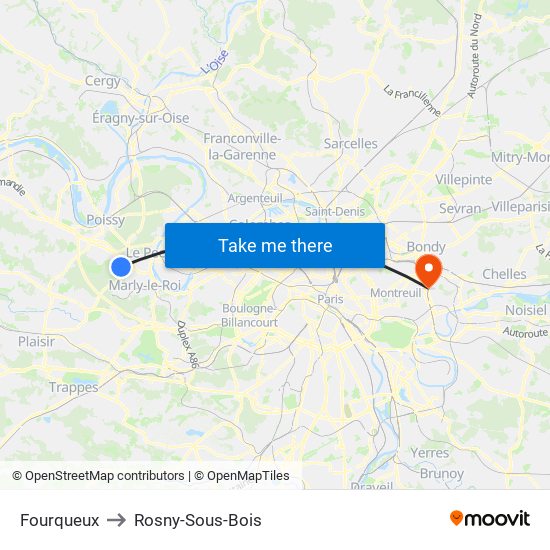Fourqueux to Rosny-Sous-Bois map