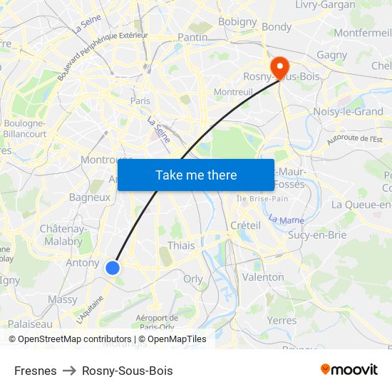 Fresnes to Rosny-Sous-Bois map