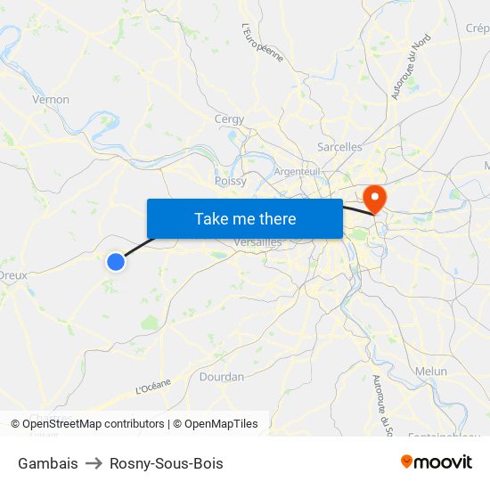 Gambais to Rosny-Sous-Bois map