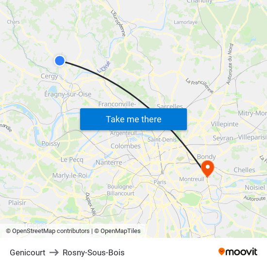 Genicourt to Rosny-Sous-Bois map