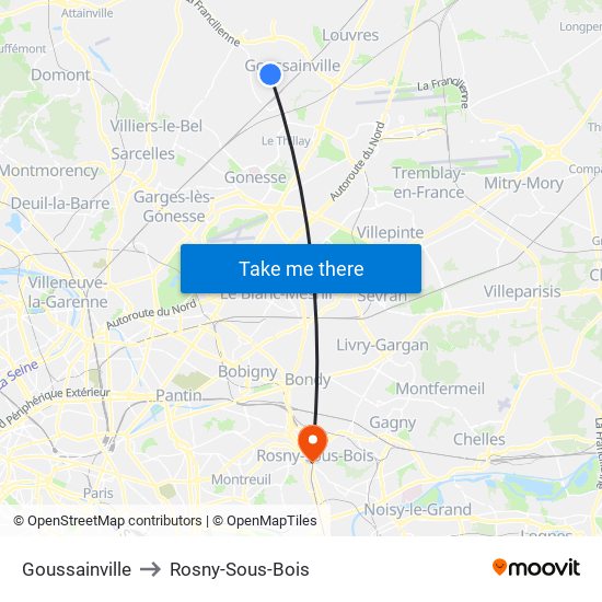 Goussainville to Rosny-Sous-Bois map