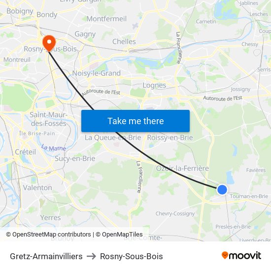 Gretz-Armainvilliers to Rosny-Sous-Bois map