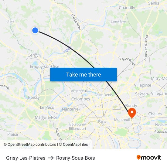 Grisy-Les-Platres to Rosny-Sous-Bois map