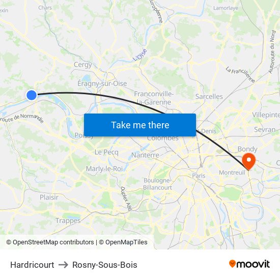 Hardricourt to Rosny-Sous-Bois map