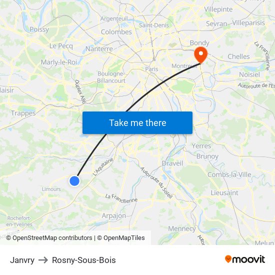 Janvry to Rosny-Sous-Bois map