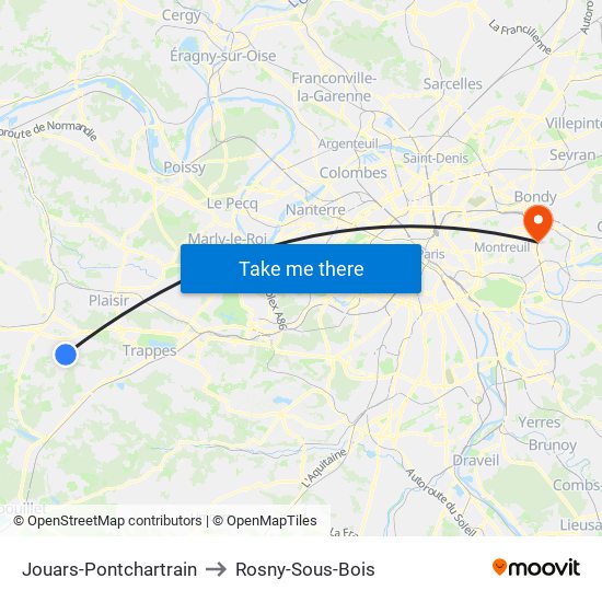 Jouars-Pontchartrain to Rosny-Sous-Bois map