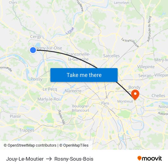 Jouy-Le-Moutier to Rosny-Sous-Bois map