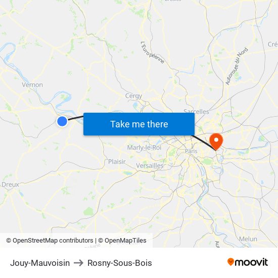 Jouy-Mauvoisin to Rosny-Sous-Bois map