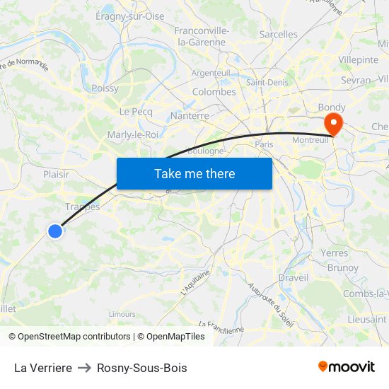 La Verriere to Rosny-Sous-Bois map