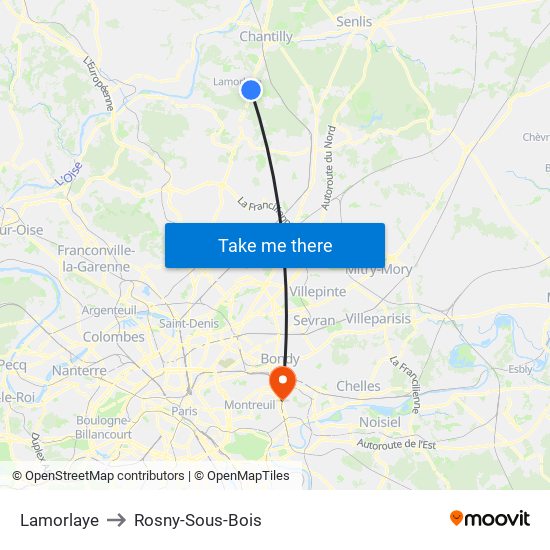 Lamorlaye to Rosny-Sous-Bois map