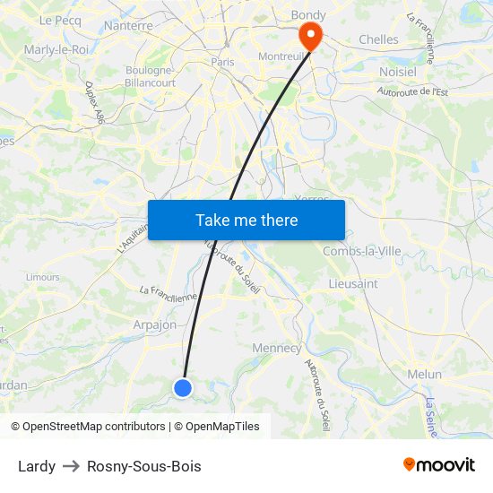 Lardy to Rosny-Sous-Bois map