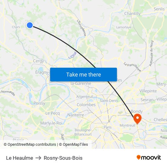 Le Heaulme to Rosny-Sous-Bois map