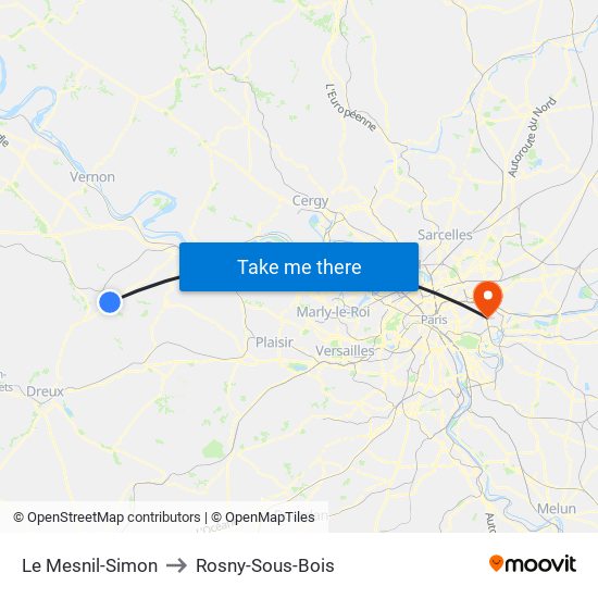 Le Mesnil-Simon to Rosny-Sous-Bois map