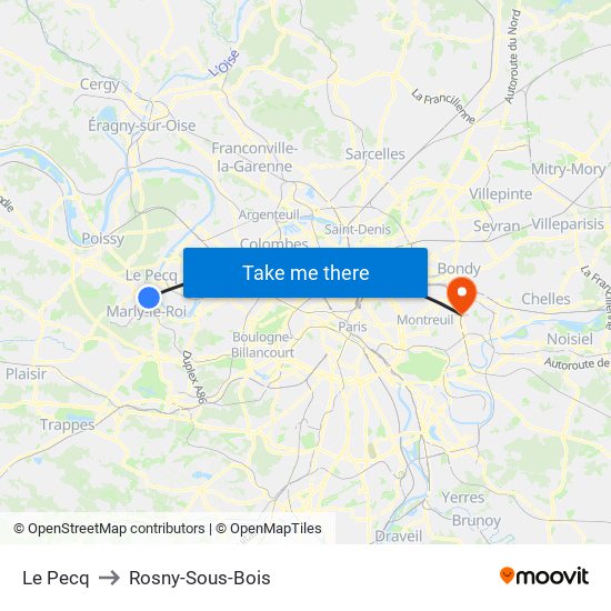 Le Pecq to Rosny-Sous-Bois map