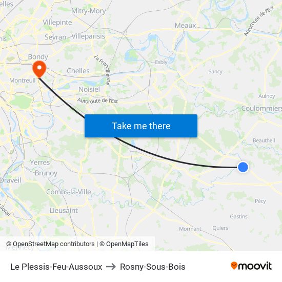 Le Plessis-Feu-Aussoux to Rosny-Sous-Bois map