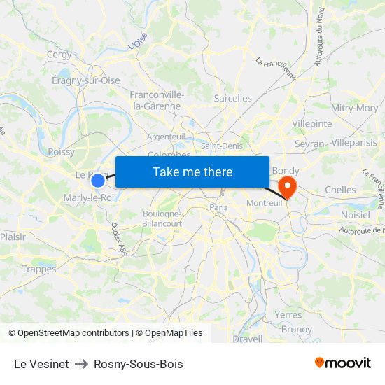 Le Vesinet to Rosny-Sous-Bois map