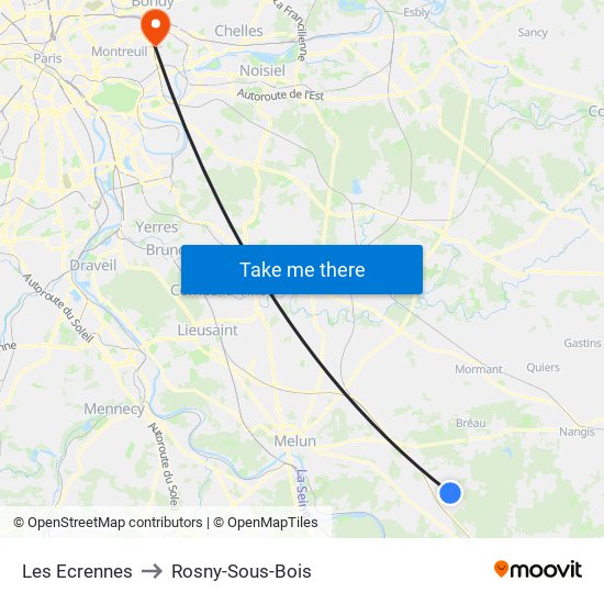 Les Ecrennes to Rosny-Sous-Bois map