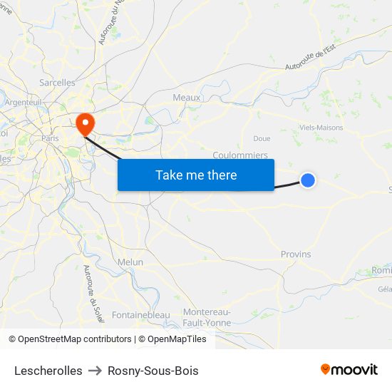 Lescherolles to Rosny-Sous-Bois map