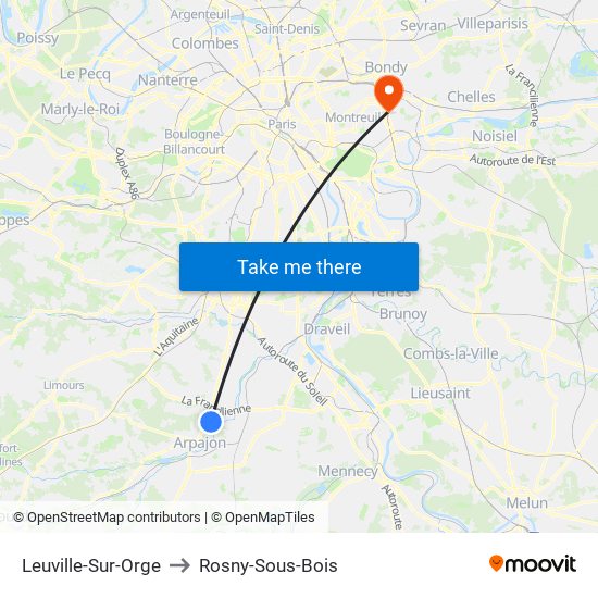 Leuville-Sur-Orge to Rosny-Sous-Bois map
