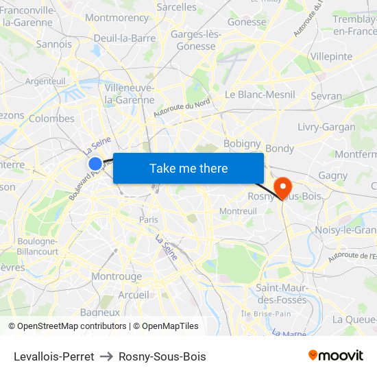 Levallois-Perret to Rosny-Sous-Bois map