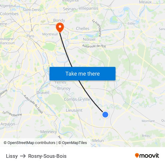 Lissy to Rosny-Sous-Bois map