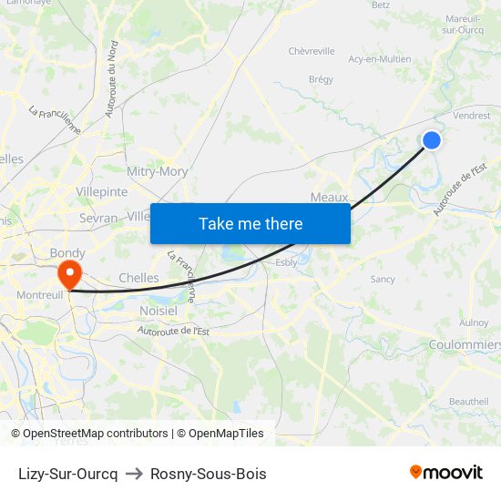 Lizy-Sur-Ourcq to Rosny-Sous-Bois map