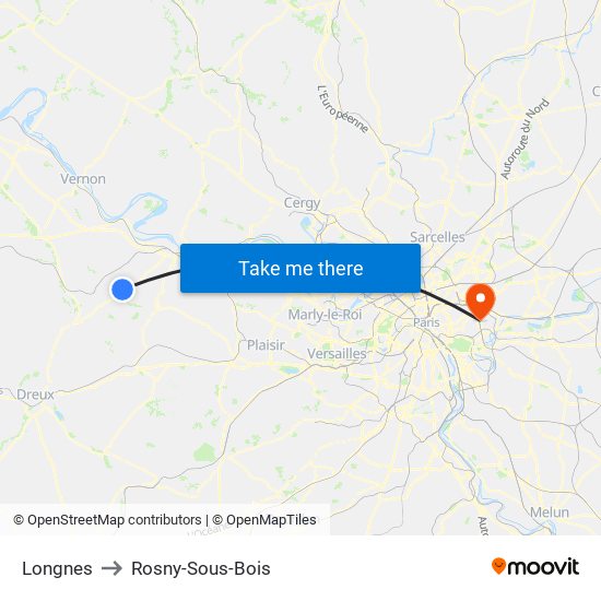 Longnes to Rosny-Sous-Bois map