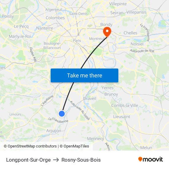 Longpont-Sur-Orge to Rosny-Sous-Bois map