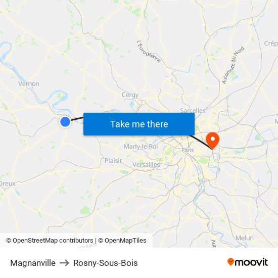 Magnanville to Rosny-Sous-Bois map