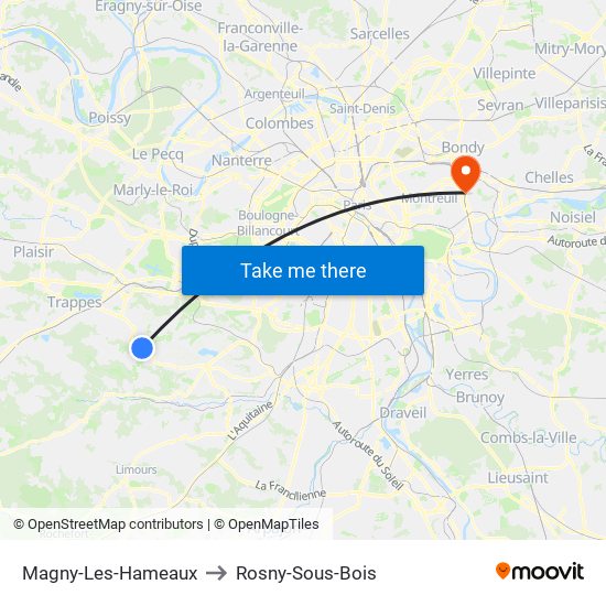 Magny-Les-Hameaux to Rosny-Sous-Bois map