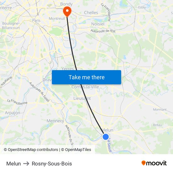 Melun to Rosny-Sous-Bois map