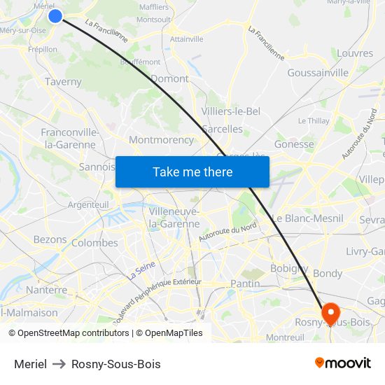 Meriel to Rosny-Sous-Bois map