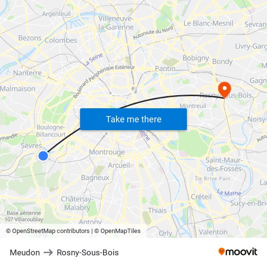 Meudon to Rosny-Sous-Bois map