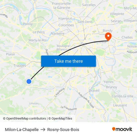 Milon-La-Chapelle to Rosny-Sous-Bois map