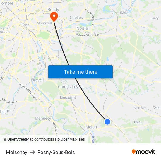 Moisenay to Rosny-Sous-Bois map