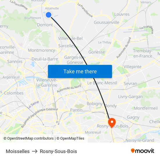 Moisselles to Rosny-Sous-Bois map